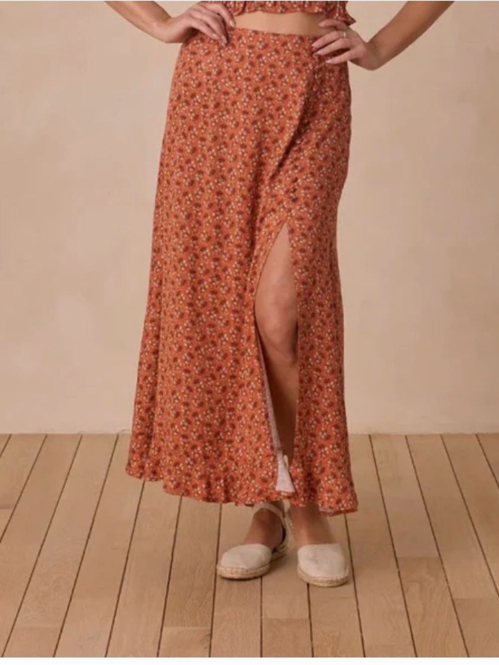 Rylee & Cru Rust Floral Maxi Skirt with Front Slit